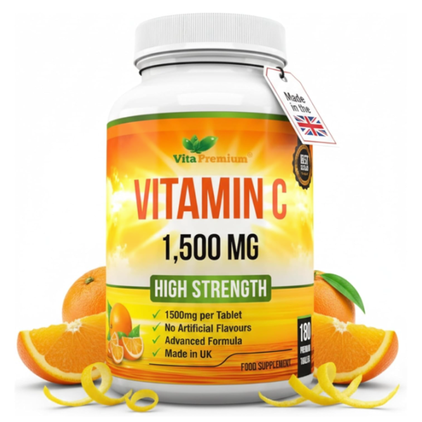 Vitamin C 1500mg per Tablet, High Strength 180 Vegan Tablets, Food Supplement, 6 Month Supply - Made in UK